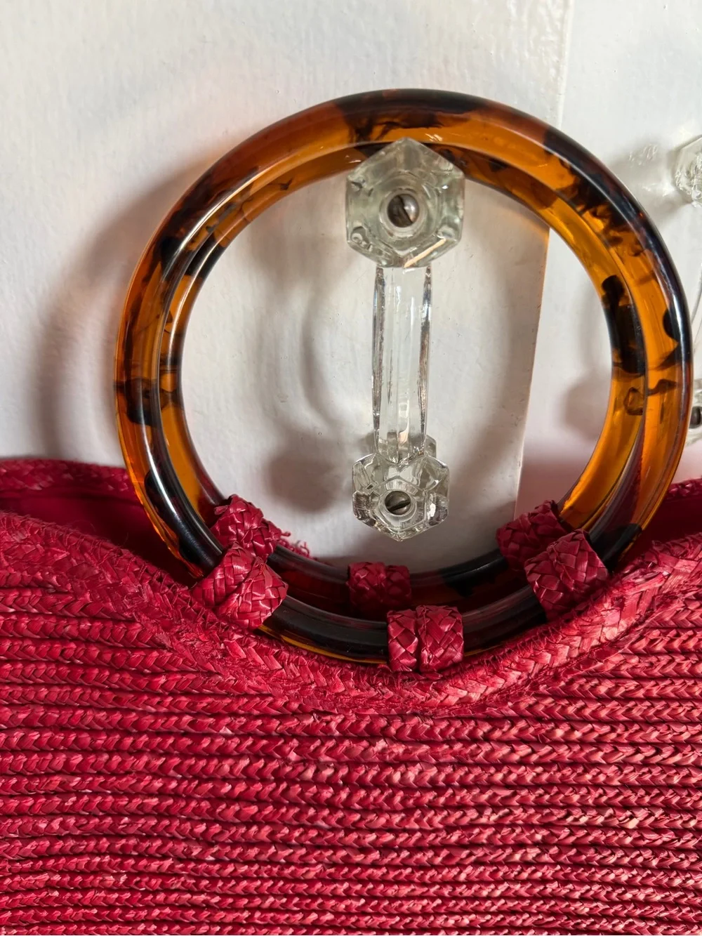 Elegant Red Woven Tote with Tortoiseshell-Style Handles